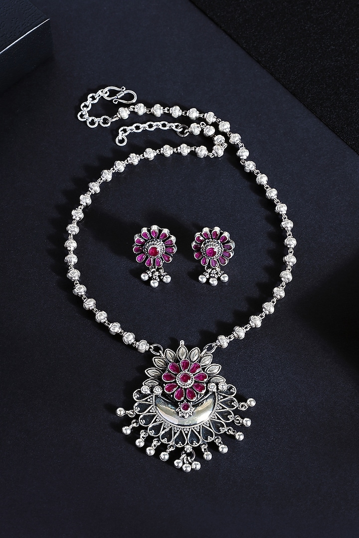 White Finish Ruby Stone Temple Floral Pendant Necklace Set In Sterling Silver by Mero at Pernia's Pop Up Shop