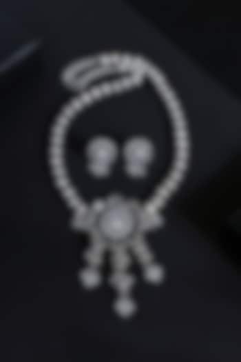 White Finish Cubic Zirconia Stone Temple Floral Pendant Necklace Set In Sterling Silver by Mero at Pernia's Pop Up Shop