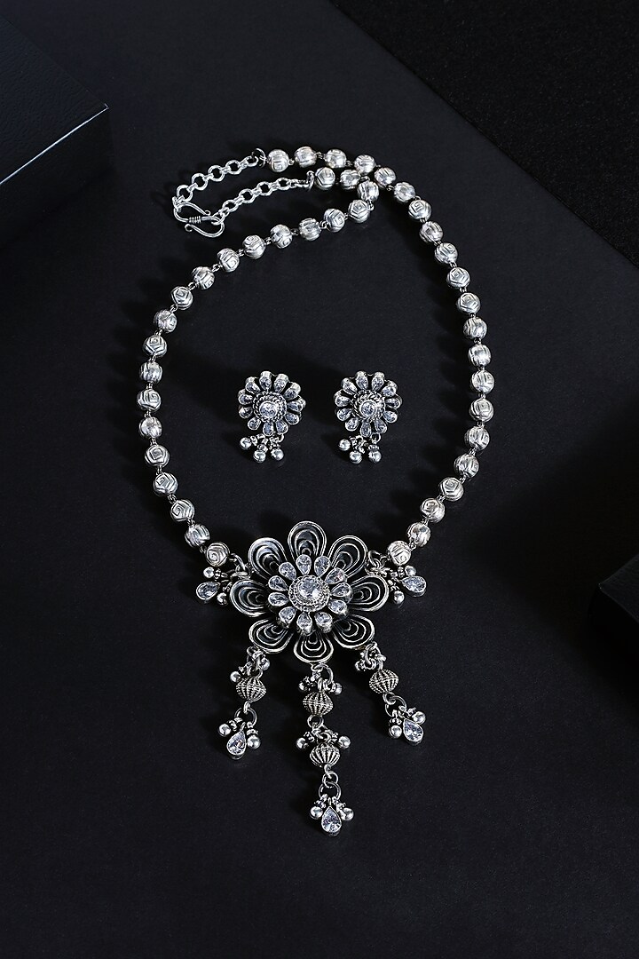 White Finish Cubic Zirconia Stone Temple Floral Pendant Necklace Set In Sterling Silver by Mero at Pernia's Pop Up Shop