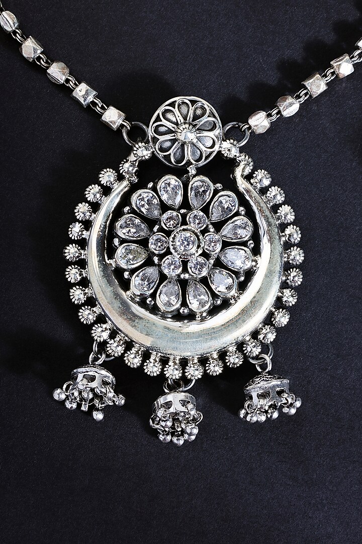 White Finish Cubic Zirconia Stone Temple Moon Pendant Necklace Set In Sterling Silver by Mero at Pernia's Pop Up Shop