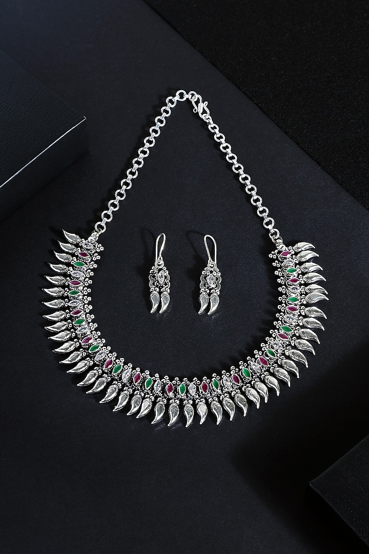 White Finish Ruby & Onyx Stone Temple Tribal Necklace Set In Sterling Silver by Mero at Pernia's Pop Up Shop