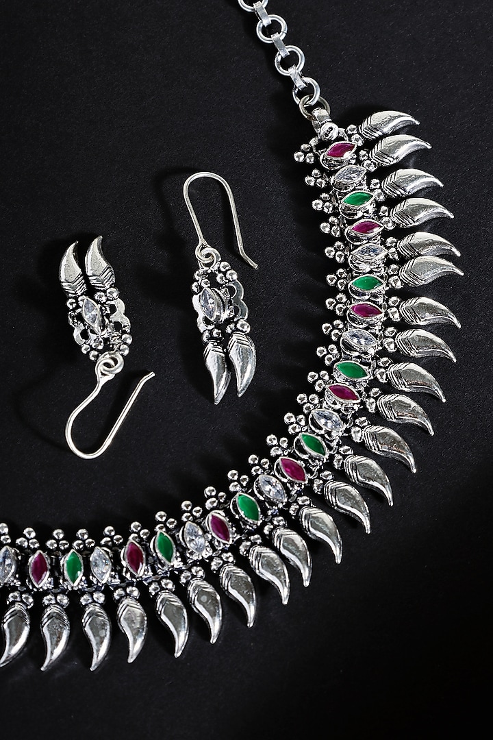 White Finish Ruby & Onyx Stone Temple Tribal Necklace Set In Sterling Silver by Mero at Pernia's Pop Up Shop