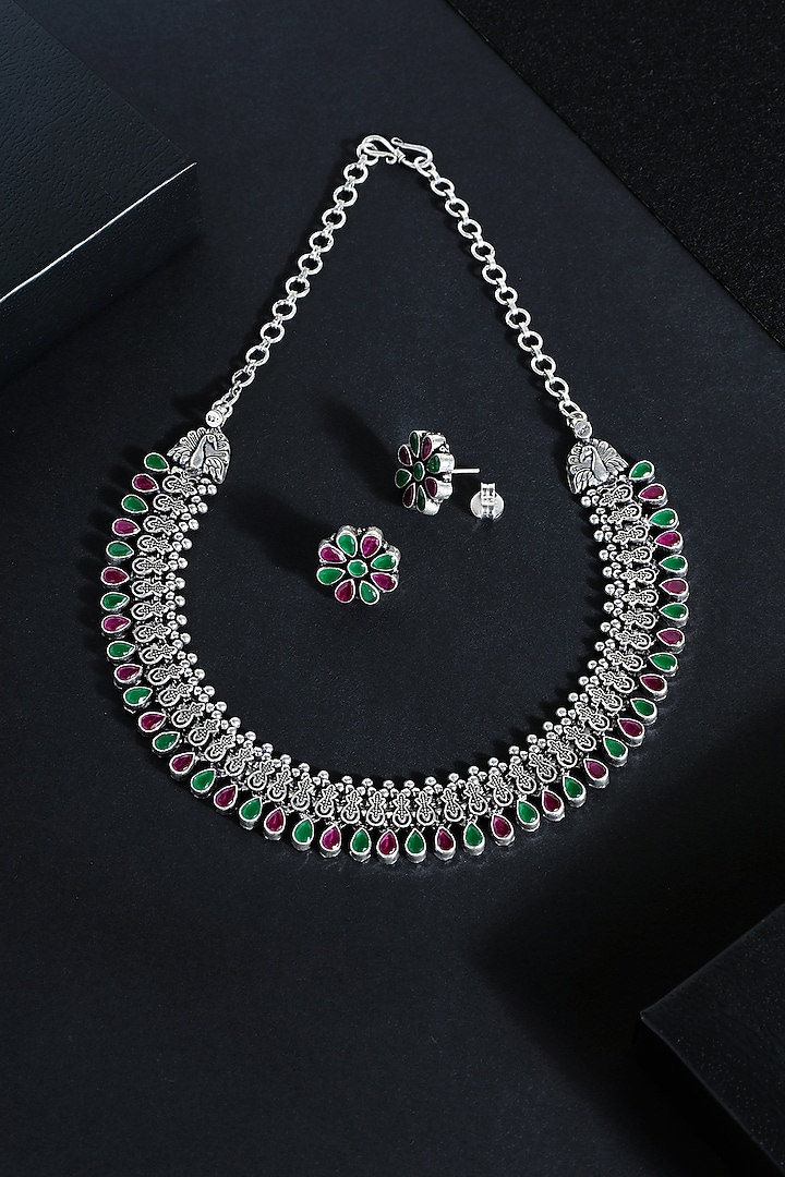 White Finish Ruby & Onyx Stone Temple Tribal Necklace Set In Sterling Silver by Mero at Pernia's Pop Up Shop