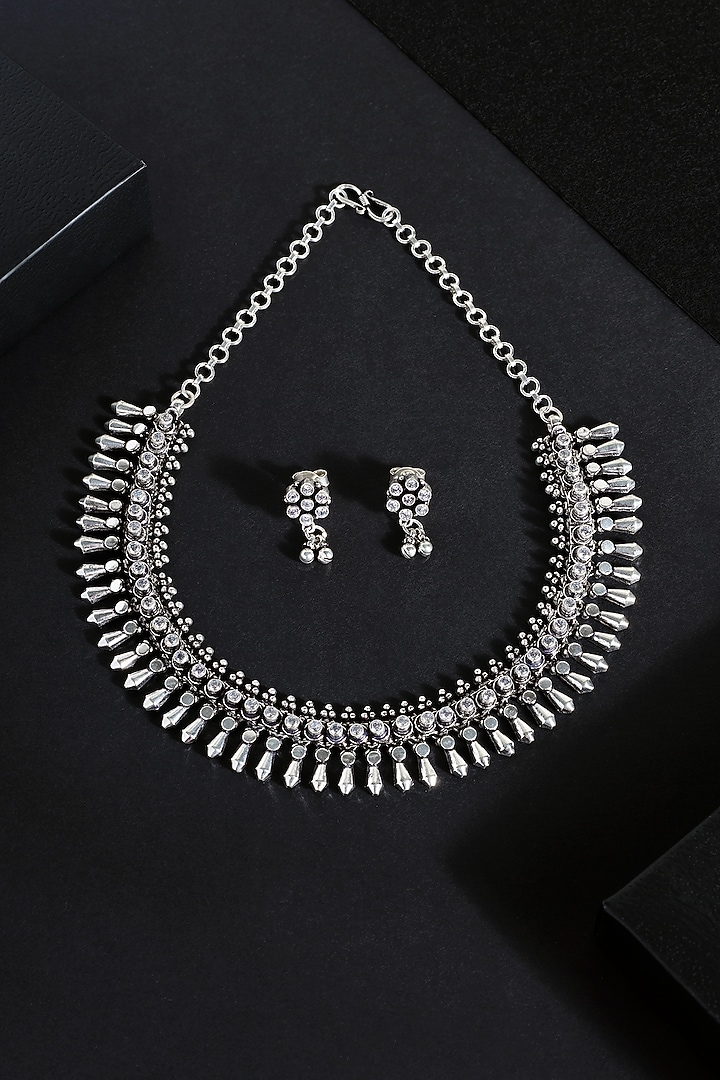 White Finish Cubic Zirconia Stone Temple Tribal Necklace Set In Sterling Silver by Mero at Pernia's Pop Up Shop