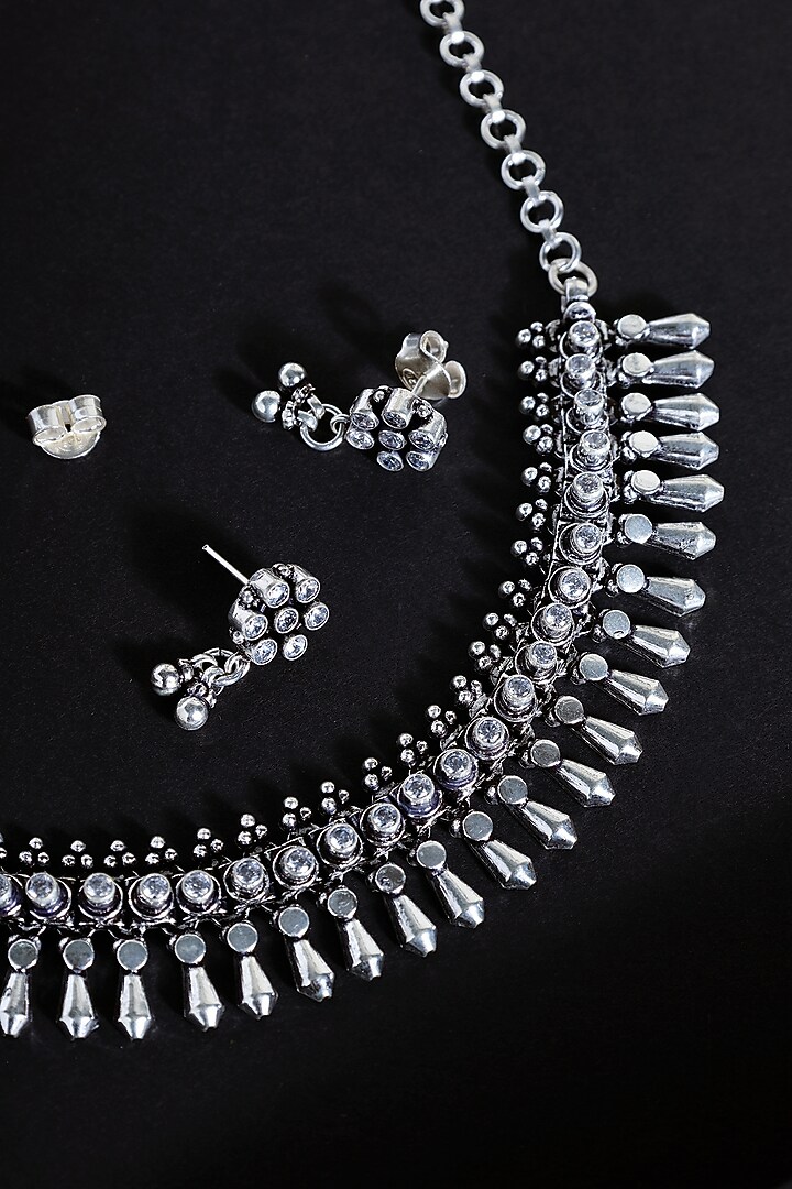 White Finish Cubic Zirconia Stone Temple Tribal Necklace Set In Sterling Silver by Mero at Pernia's Pop Up Shop