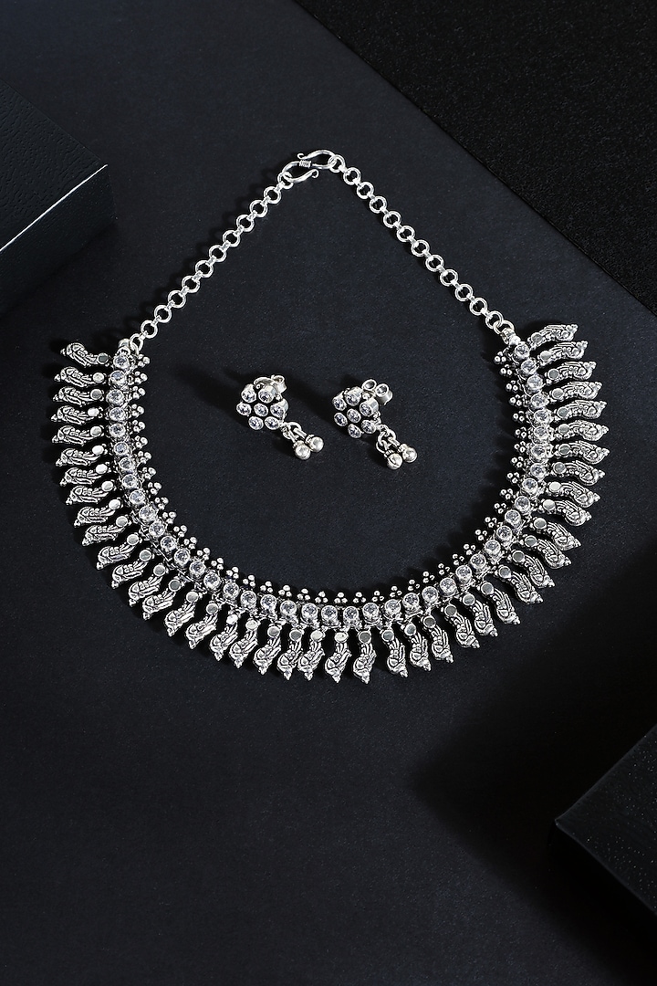 White Finish Cubic Zirconia Stone Temple Tribal Necklace Set In Sterling Silver by Mero at Pernia's Pop Up Shop