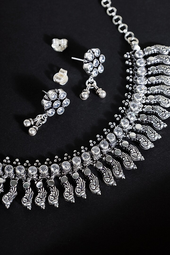 White Finish Cubic Zirconia Stone Temple Tribal Necklace Set In Sterling Silver by Mero at Pernia's Pop Up Shop