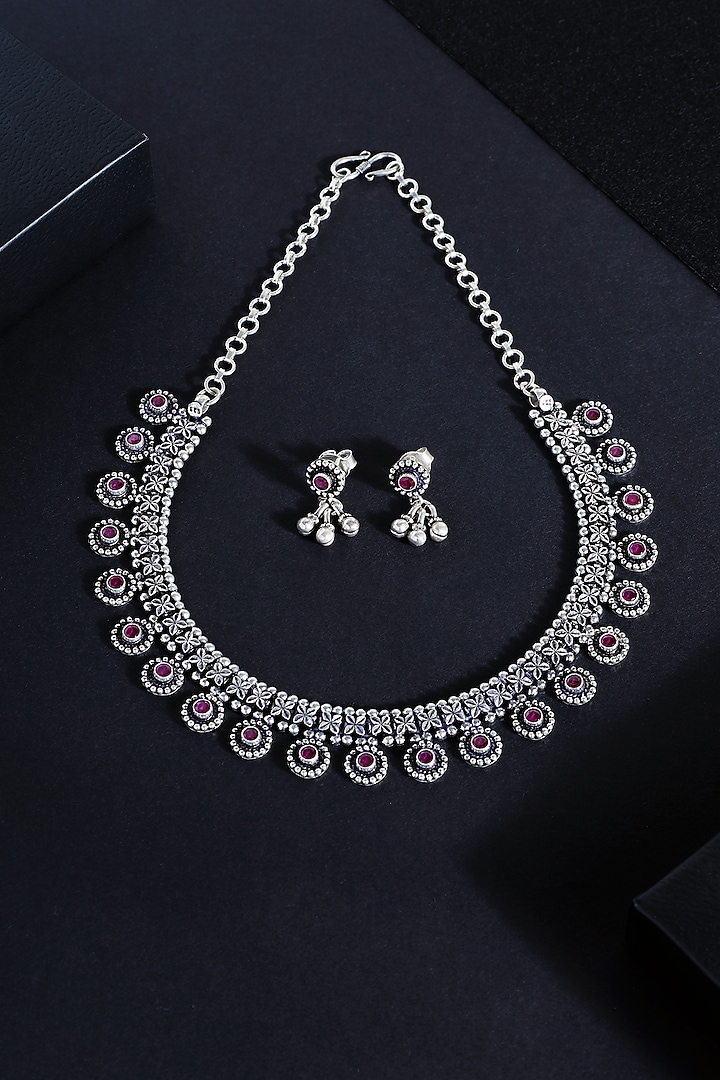 White Finish Ruby Stone Temple Tribal Necklace Set In Sterling Silver by Mero at Pernia's Pop Up Shop