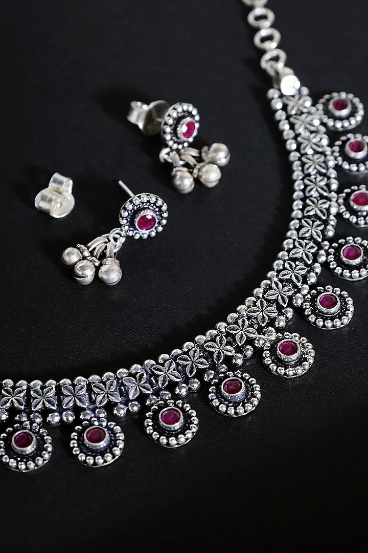 White Finish Ruby Stone Temple Tribal Necklace Set In Sterling Silver by Mero at Pernia's Pop Up Shop