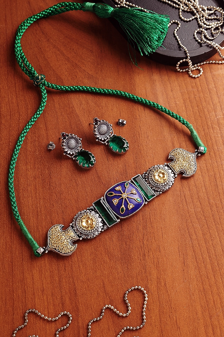 Two-Tone Finish Deep Blue Lapis Lazuli Temple Choker Necklace Set In Sterling Silver by Mero at Pernia's Pop Up Shop