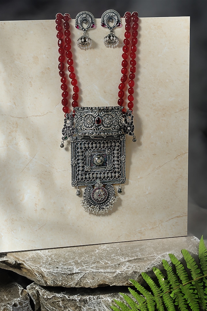 White Finish Ruby Kempstone Temple Pendant Necklace Set In Sterling Silver by Mero at Pernia's Pop Up Shop