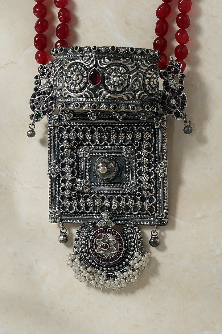 White Finish Ruby Kempstone Temple Pendant Necklace Set In Sterling Silver by Mero at Pernia's Pop Up Shop
