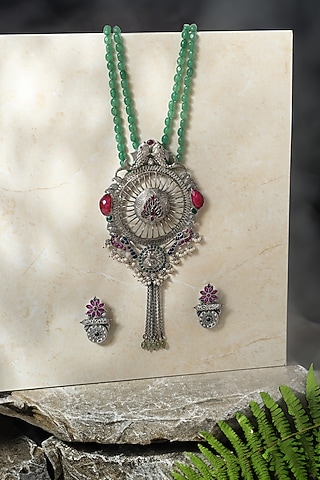 White Finish Ruby Kempstone Temple Pendant Necklace Set In Sterling Silver by Mero
