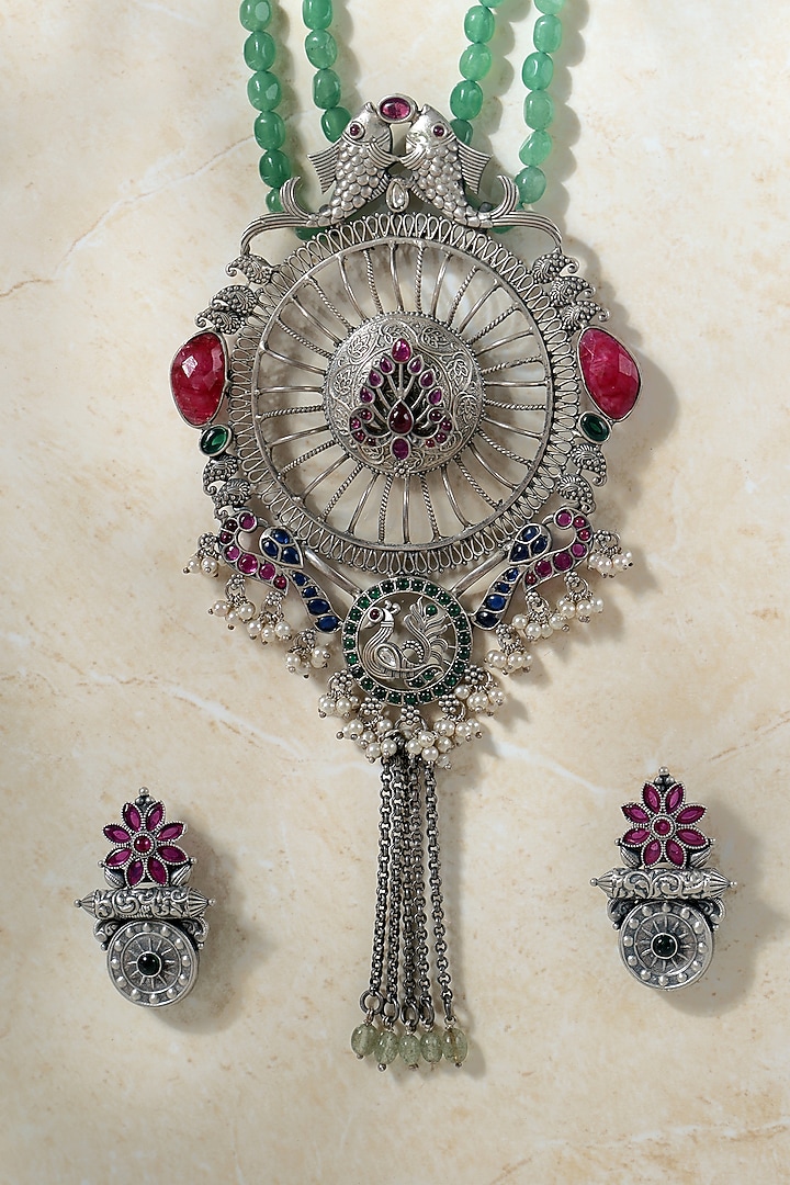 White Finish Ruby Kempstone Temple Pendant Necklace Set In Sterling Silver by Mero at Pernia's Pop Up Shop