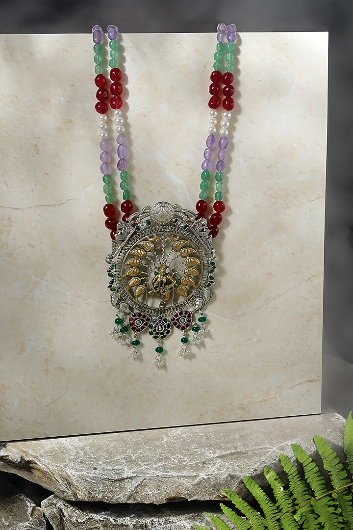 Two-Tone Finish Kempstone & Pearl Temple Pendant Necklace In Sterling Silver by Mero at Pernia's Pop Up Shop