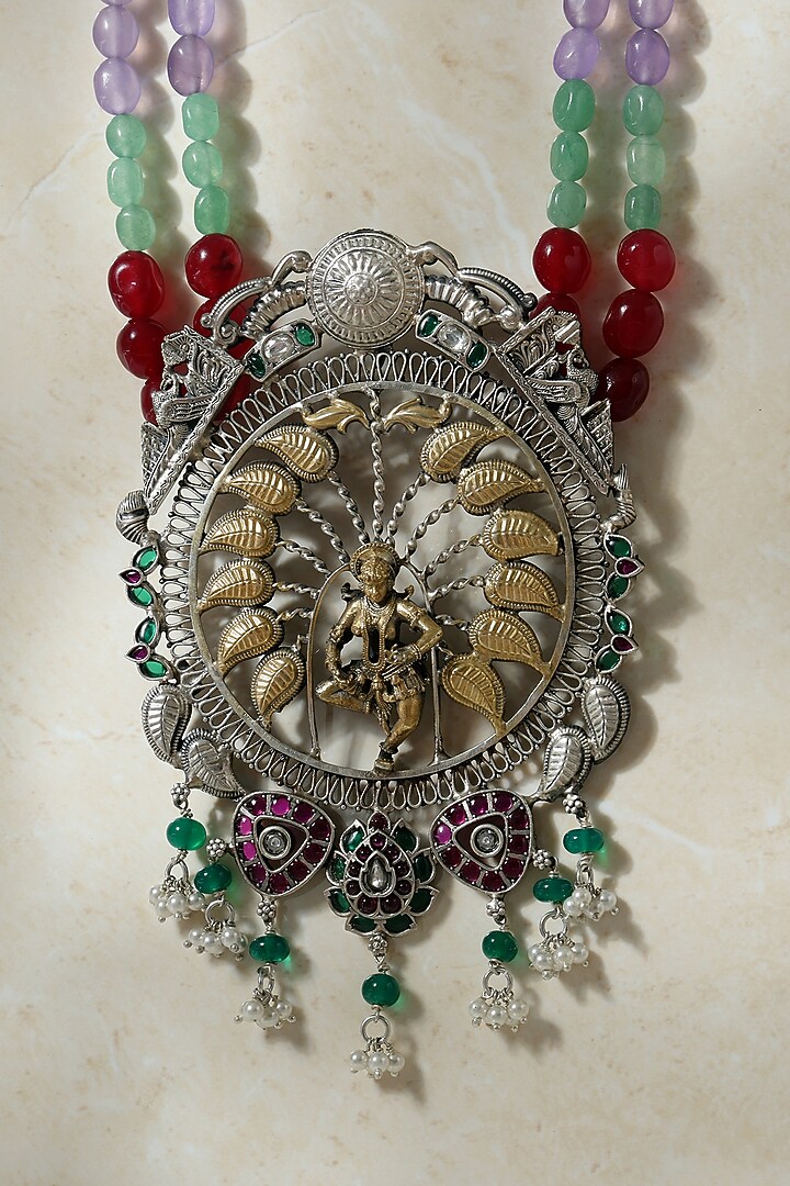 Two-Tone Finish Kempstone & Pearl Temple Pendant Necklace In Sterling Silver by Mero at Pernia's Pop Up Shop