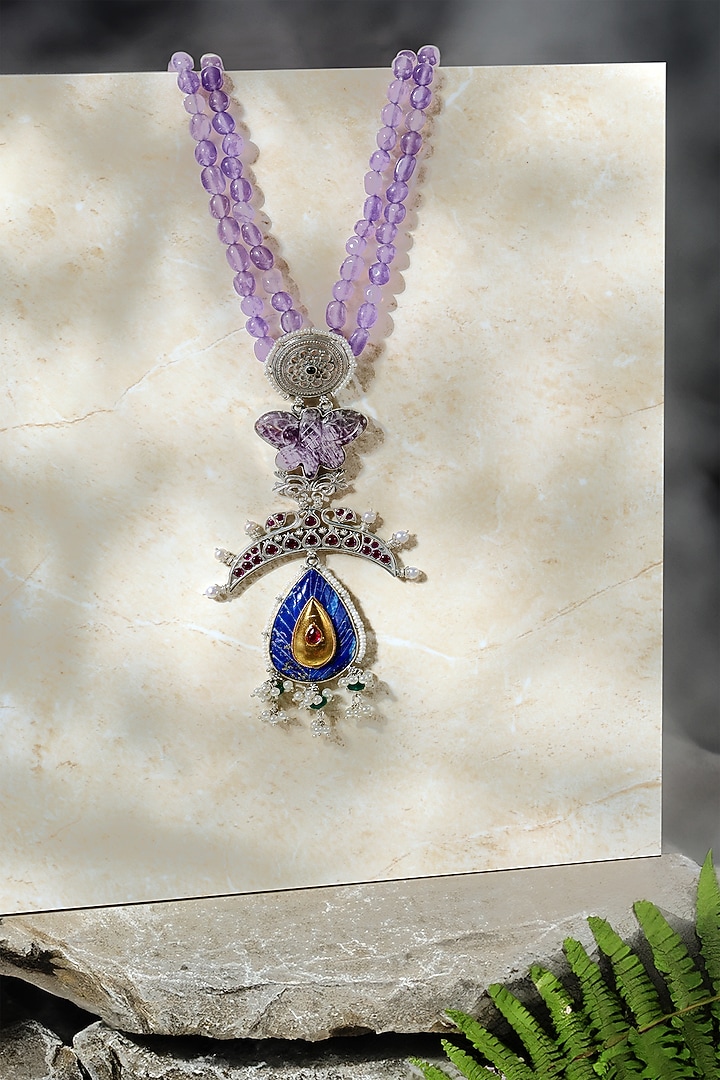 Two-Tone Finish Lapis Lazuli & Red Kempstone Temple Pendant Necklace In Sterling Silver by Mero at Pernia's Pop Up Shop