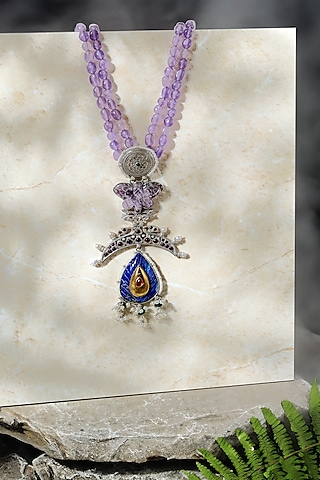 Two-Tone Finish Lapis Lazuli & Red Kempstone Temple Pendant Necklace In Sterling Silver by Mero