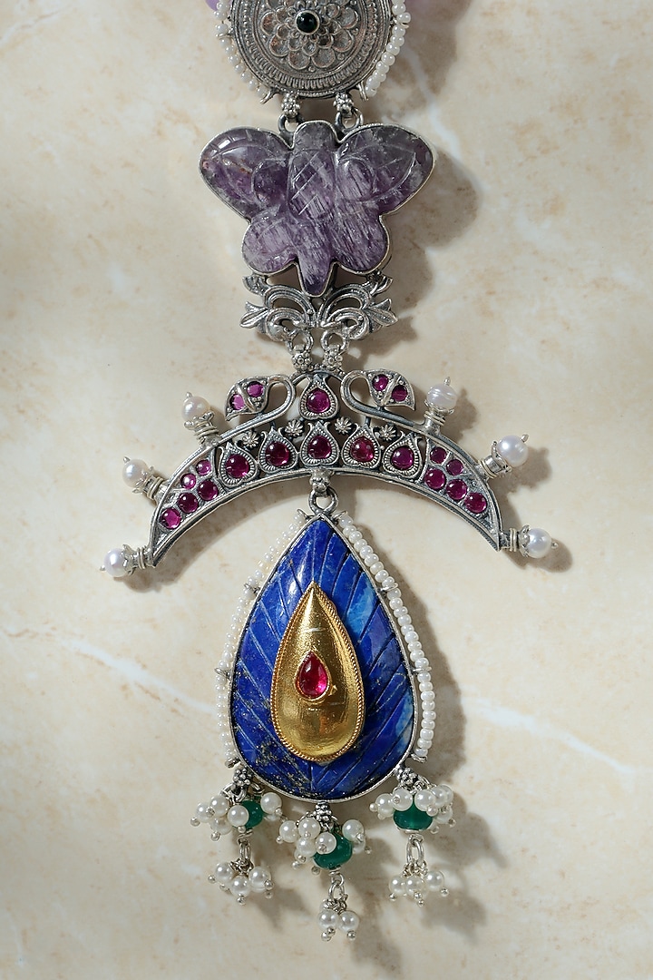 Two-Tone Finish Lapis Lazuli & Red Kempstone Temple Pendant Necklace In Sterling Silver by Mero at Pernia's Pop Up Shop