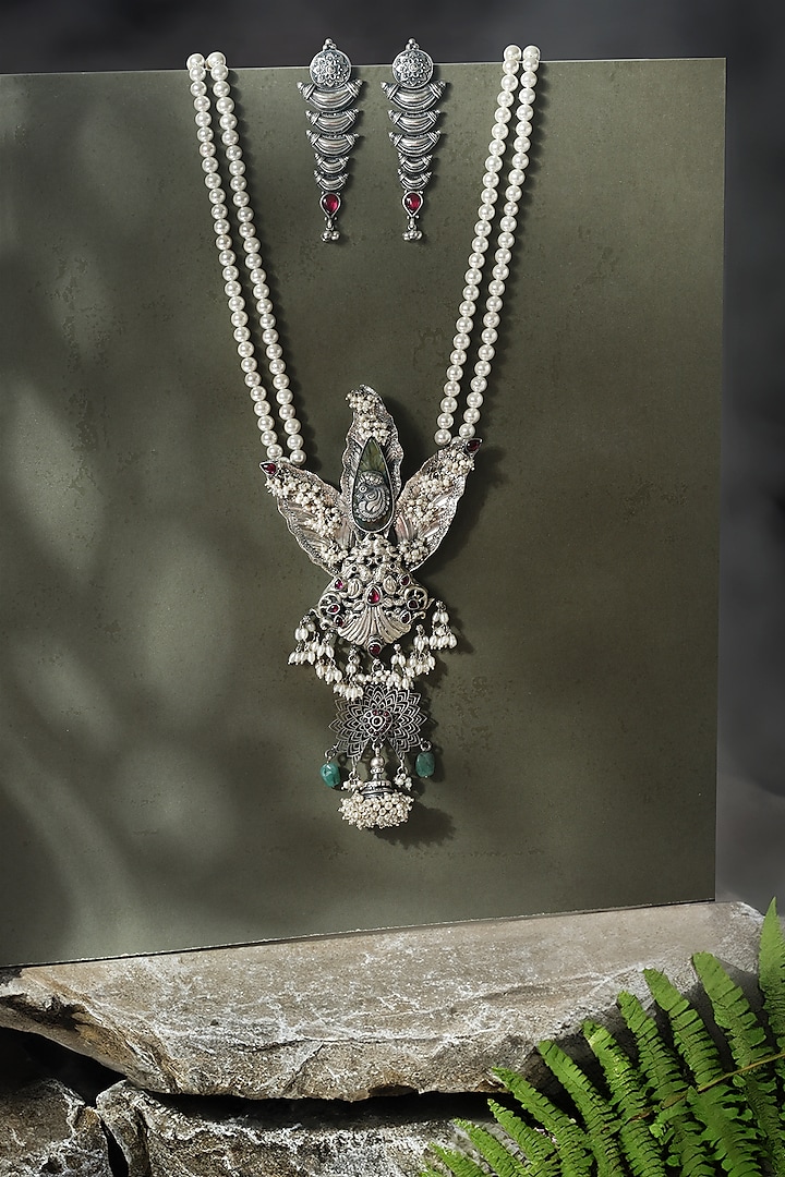 White Finish Ruby Kemp stone Pendant Necklace Set In Sterling Silver by Mero at Pernia's Pop Up Shop