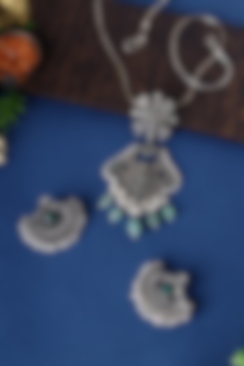 White Finish Green Kemp stone & Pearl Pendant Necklace Set In Sterling Silver by Mero at Pernia's Pop Up Shop