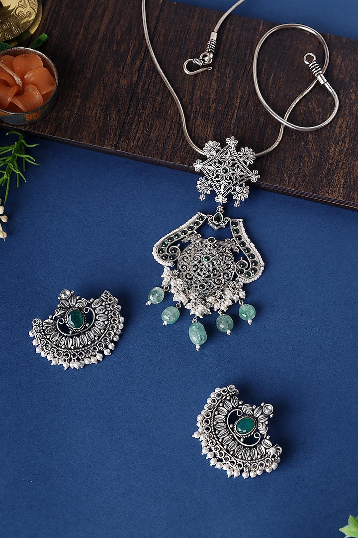 White Finish Green Kemp stone & Pearl Pendant Necklace Set In Sterling Silver by Mero at Pernia's Pop Up Shop