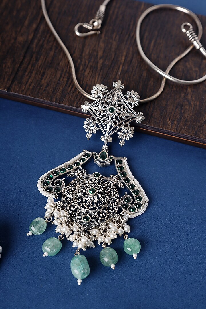 White Finish Green Kemp stone & Pearl Pendant Necklace Set In Sterling Silver by Mero at Pernia's Pop Up Shop