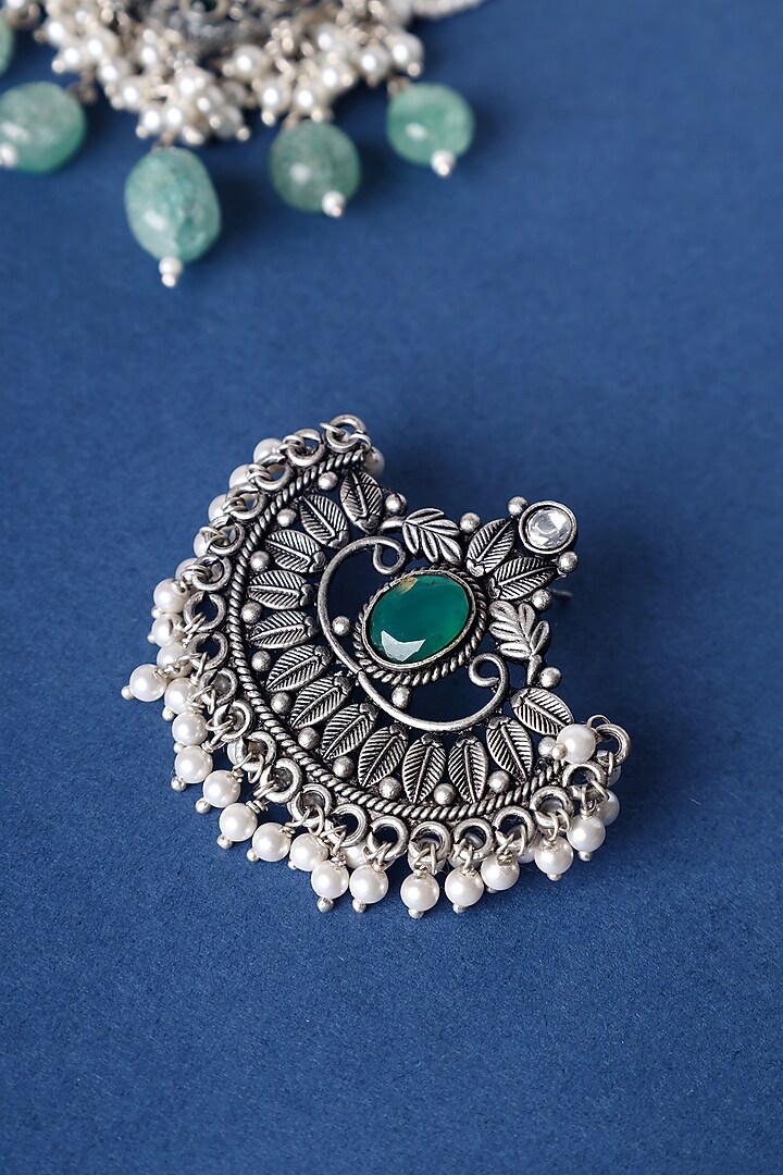 White Finish Green Kemp stone & Pearl Pendant Necklace Set In Sterling Silver by Mero at Pernia's Pop Up Shop