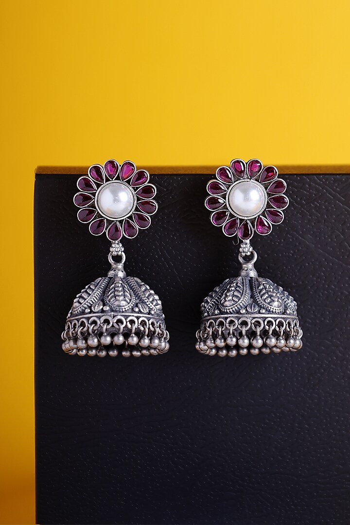 White Finish Kemp Stone & Pearl Temple Earrings In Sterling Silver by Mero at Pernia's Pop Up Shop