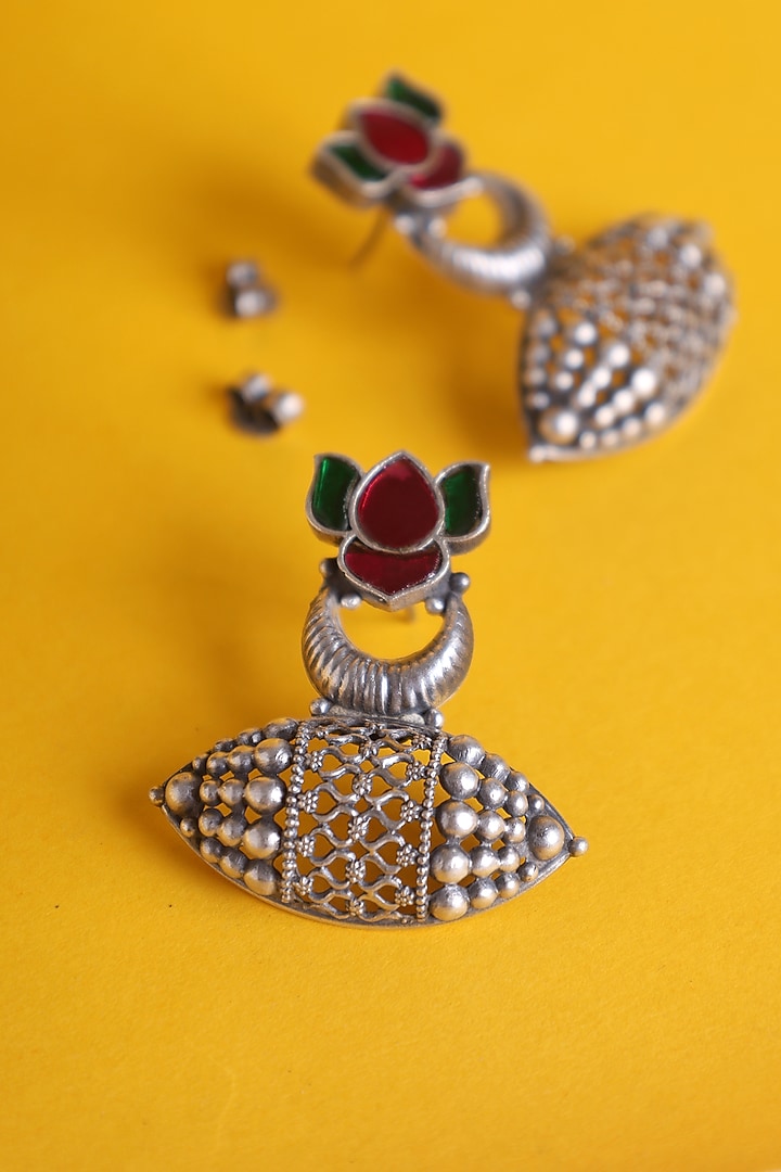 White Finish Kundan Polki Temple Earrings In Sterling Silver by Mero at Pernia's Pop Up Shop