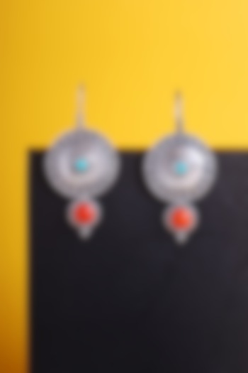 White Finish Coral & Turquoise Kemp Stone Temple Earrings In Sterling Silver by Mero at Pernia's Pop Up Shop