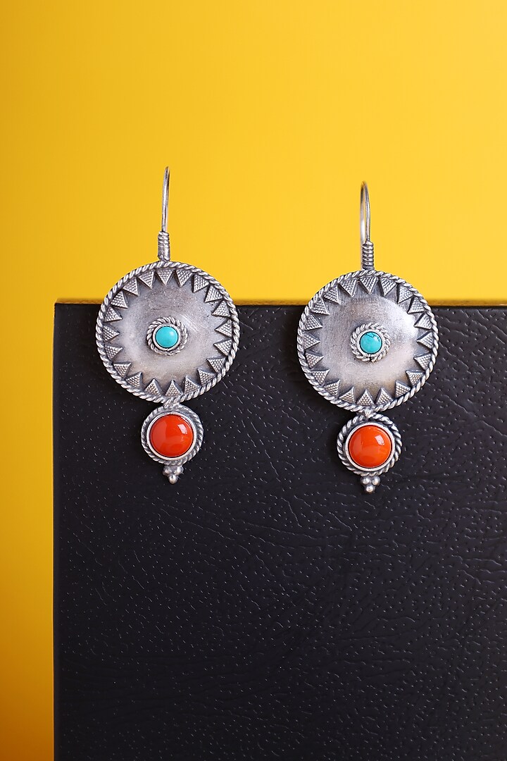 White Finish Coral & Turquoise Kemp Stone Temple Earrings In Sterling Silver by Mero at Pernia's Pop Up Shop