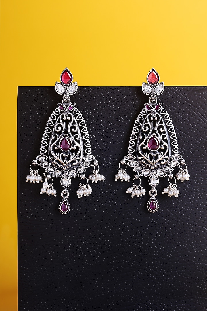 White Finish Kemp Stone & Pearl Temple Drop Earrings In Sterling Silver by Mero at Pernia's Pop Up Shop