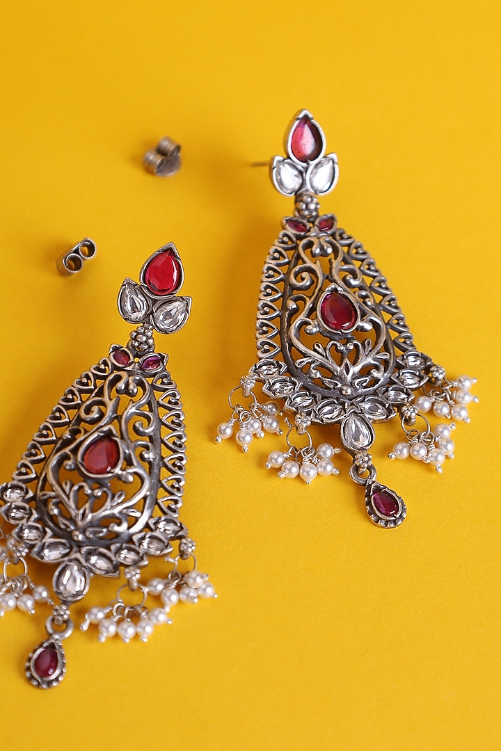 White Finish Kemp Stone & Pearl Temple Drop Earrings In Sterling Silver by Mero at Pernia's Pop Up Shop