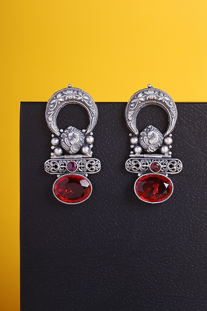 White Finish Red Kemp Stone Temple Earrings In Sterling Silver by Mero at Pernia's Pop Up Shop