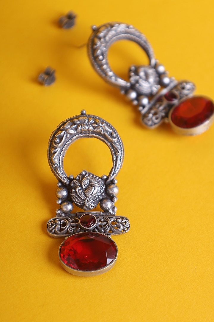 White Finish Red Kemp Stone Temple Earrings In Sterling Silver by Mero at Pernia's Pop Up Shop