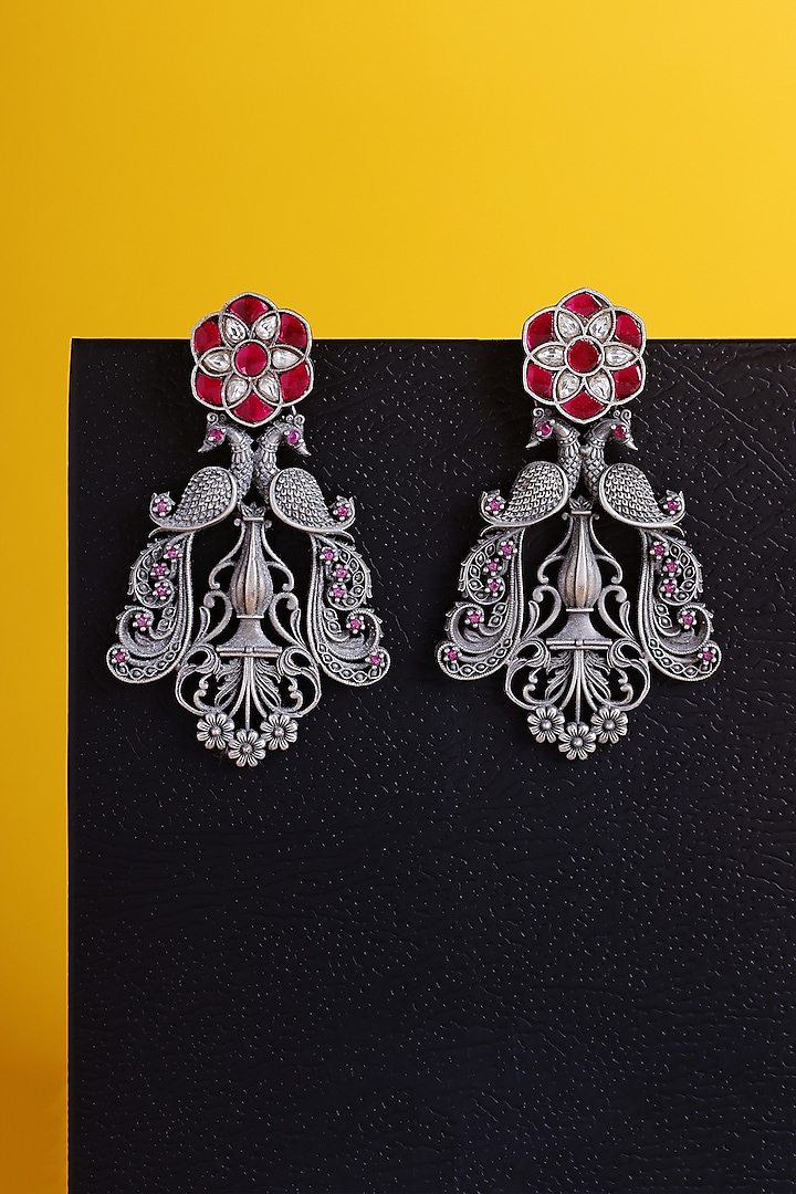 White Finish Kundan Polki Temple Peacock Earrings In Sterling Silver by Mero at Pernia's Pop Up Shop