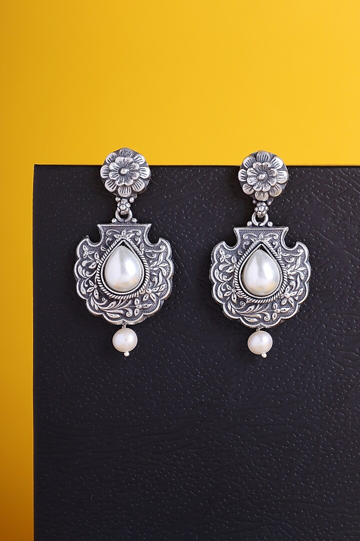 White Finish Kemp stone & Pearl Temple Floral Earrings In Sterling Silver by Mero at Pernia's Pop Up Shop