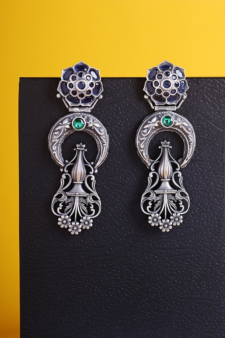 White Finish Blue & Green Kemp stone Temple Earrings In Sterling Silver by Mero at Pernia's Pop Up Shop