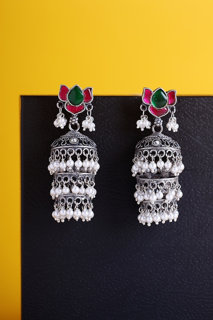 White Finish Kundan Polki Temple Jhumka Earrings In Sterling Silver by Mero at Pernia's Pop Up Shop