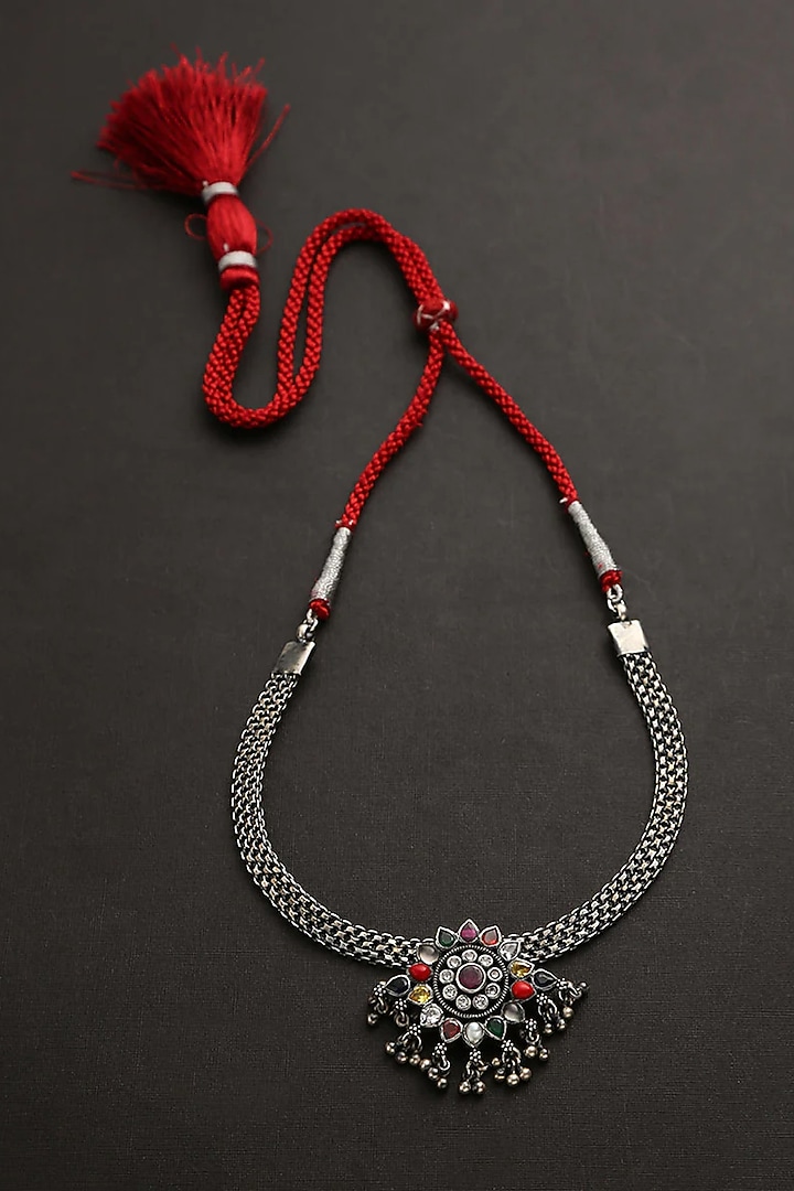 White Finish Multi-Colored Kemp Stone Tribal Necklace In Sterling Silver by Mero at Pernia's Pop Up Shop