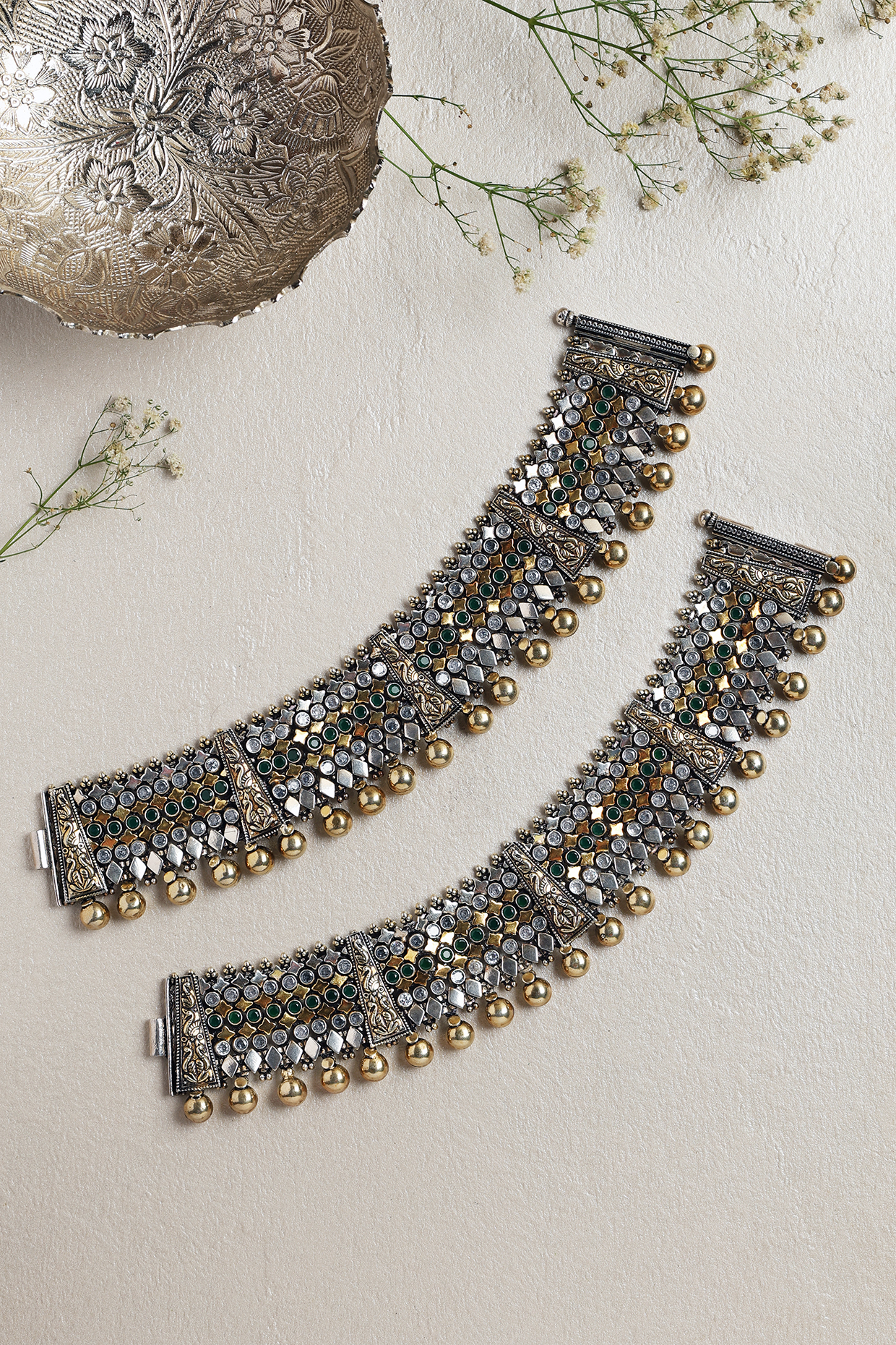 Two-Tone Finish CZ & Onyx Anklets In Sterling Silver (Set of 2) by Mero at Pernia's Pop Up Shop