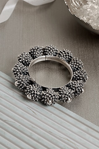 Silver Finish Intricate Kada In Sterling Silver by Mero
