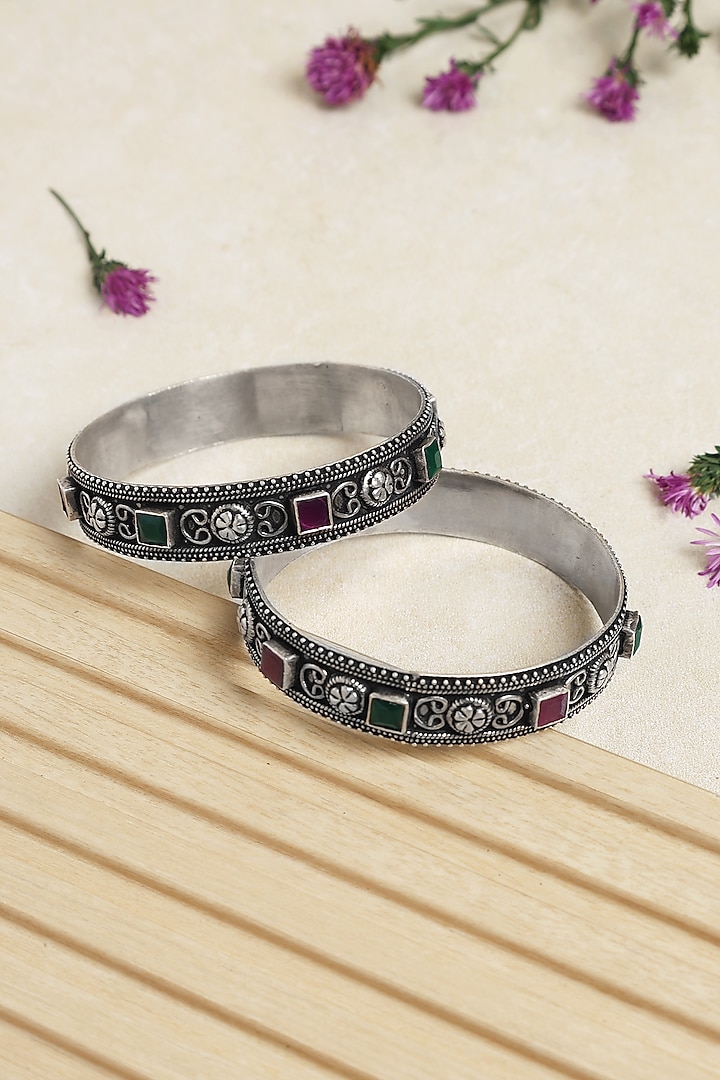 Silver Finish Onyx Tribal Bangles In Sterling Silver (Set of 2) by Mero at Pernia's Pop Up Shop