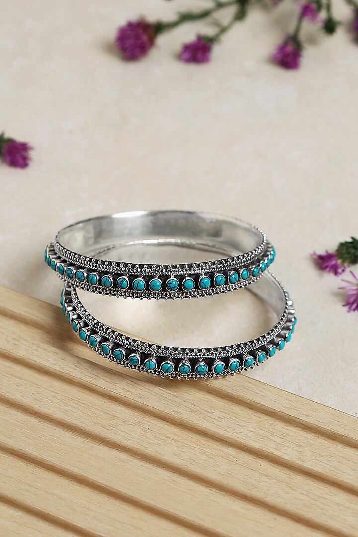 Silver Finish Turquoise Stone Bangles In Sterling Silver (Set of 2) by Mero at Pernia's Pop Up Shop