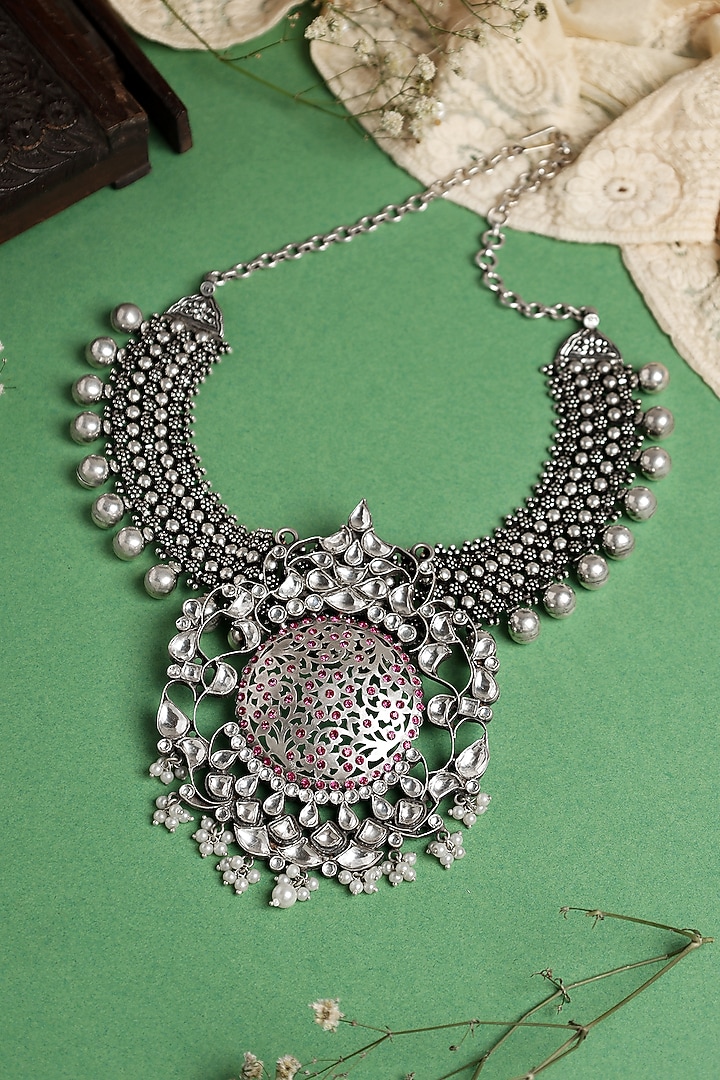 White Finish Kundan Polki Necklace In Sterling Silver by Mero at Pernia's Pop Up Shop