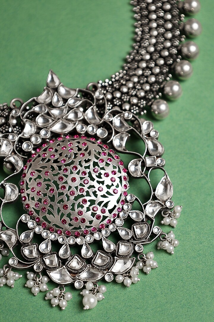 White Finish Kundan Polki Necklace In Sterling Silver by Mero at Pernia's Pop Up Shop