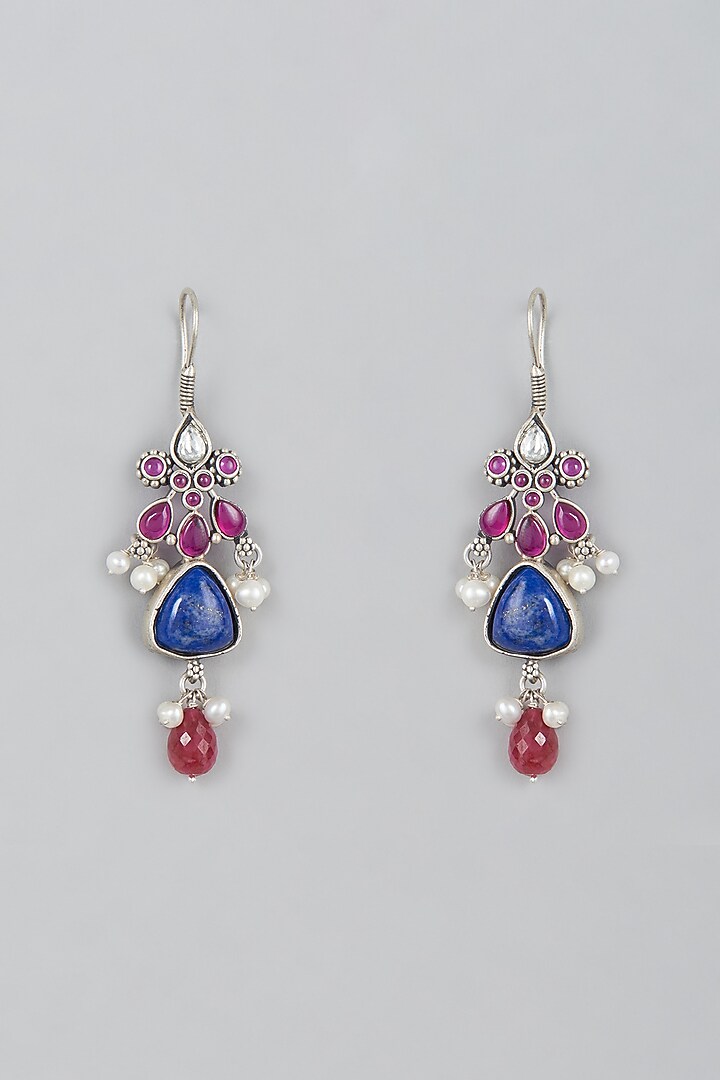 White Finish Lapis & Kemp Stone Dangler Earrings In Sterling Silver by Mero at Pernia's Pop Up Shop