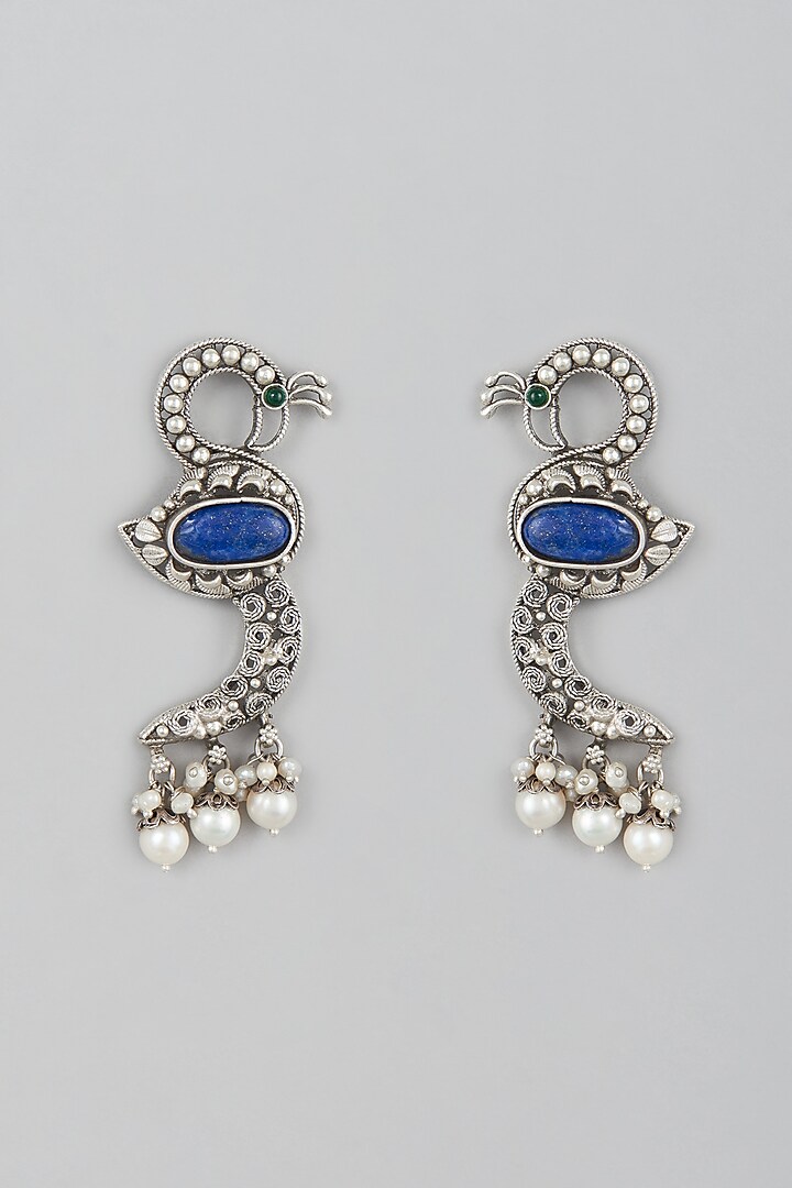 White Finish Lapis & Pearl Peacock Earrings In Sterling Silver by Mero