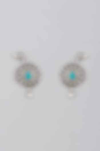 White Finish Turquoise Stone Peacock Earrings In Sterling Silver by Mero
